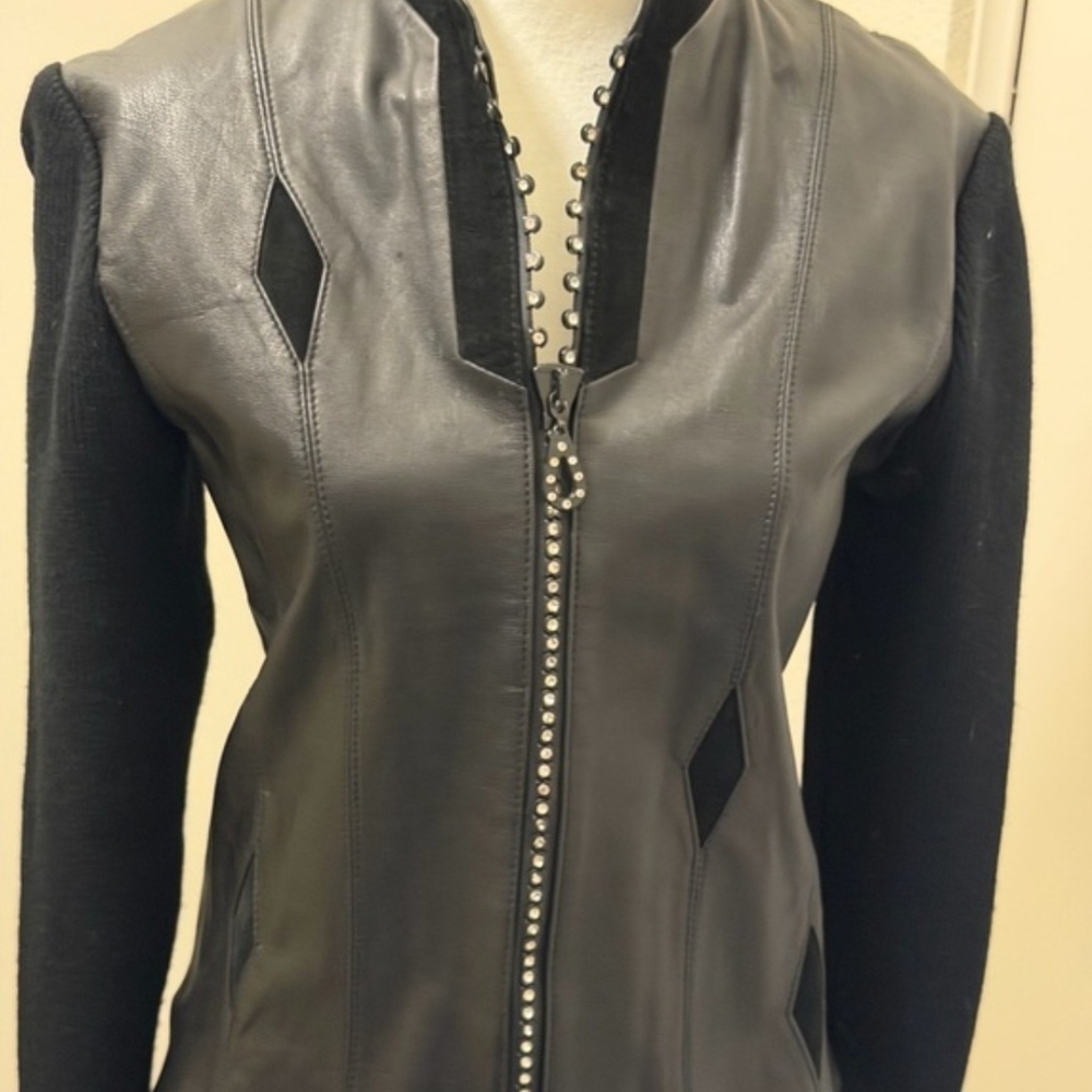 Ying Ying Of Nevada Vintage Black Leather Sweater Jacket. Silver Accent Diamonds